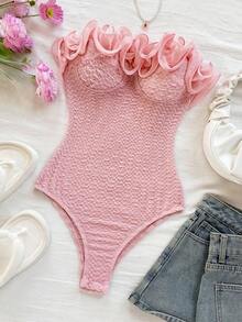 Soleia 女式荷叶边露背连体衣，适合派对、节日、约会、下午茶、度假、音乐节、海滩、夏季服装、波西米亚风、度假、钩针编织、亚麻布 - 粉色 - 查看 5