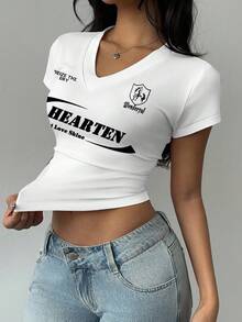 SHEIN EZwear 女式休闲复古V领褶皱腰修身短袖T恤，美式学院风 - 彩色 - 查看 2