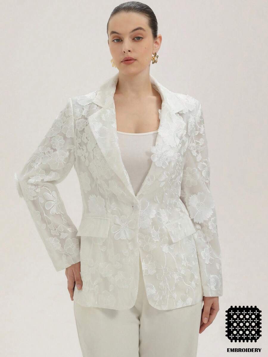 GENKIRA 大码 3D 花卉纹理面料西装外套,别致的欧式百搭办公室服装,秋冬新品 - 白色 - 查看 1