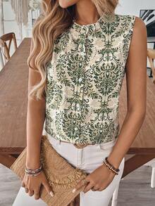 Chiquease 女士时尚休闲印花荷叶边无袖纽扣衬衫 - 綠色 - 查看 4