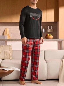 Manfinity Underwear&Sleepwear Basics Plus Size Men's Pajama Set (Long Sleeve Top And Pants, 2 Pieces) - Red - View 3