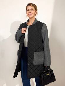 Momelise Plus Size Women Casual Contrast Color Stand Collar Long Sleeve Pocket Patchwork Quilted Metal Button Front Long Cardigan Coat, Winter - Multicolor - View 3