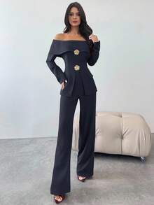 Firerie 女士优雅露肩长袖上衣和裤子两件套，适合秋冬通勤 - 藏蓝色 - 查看 7