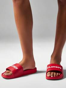 Missguided x Playboy 一脚蹬泳池拖鞋夏季沙滩拖鞋室内室外泳池浴室淋浴凉鞋防滑舒适鞋 - 紅色 - 查看 4