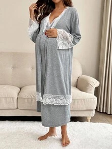 SHEIN 2pcs Maternity Contrast Lace Long Sleeve Robe And Camisole Nursing Nightgown Set