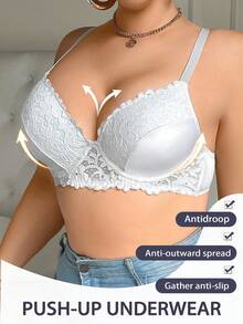 SHEIN 1pc Plus Size Lace Patchwork Underwire Bra, Lift - White - View 3