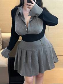 Vibekara Plus Size Ribbed Contrast Color Ribbed Pullover T-Shirt And Elastic Waist Pleated Skirt 2 Pieces Set Fall Cloth For Women - Multicolor - View 4