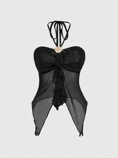 Fairycore Camiseta de tirantes con decoración de conchas y bajo asimétrico para mujer