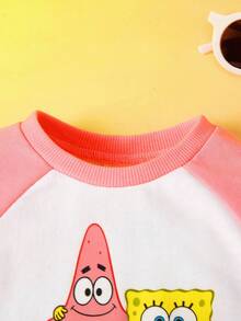 SpongeBob SquarePants | SHEIN Baby Girl Cartoon Pattern Pocket Contrast Raglan Sleeve Jumpsuit, Autumn/Winter Fall - Pink - View 3