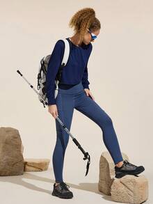 Easithlete Solid Color Casual Crew Neck Long Sleeve Cropped Women Outdoor T-Shirt