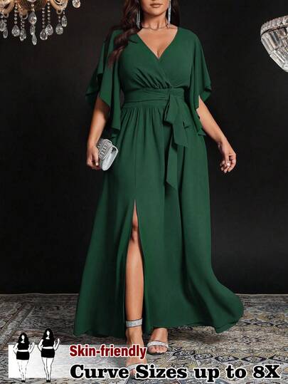 SHEIN CURVE+ Plus Size Women's Solid Color Fitted V-Neck Flare Sleeve Tie Waist Ruched Slit Elegant Party Maxi Dress