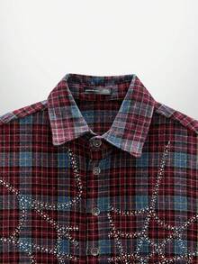 NEON BLANC Men's Street Fashion Woven Rhinestone Spider Web Plaid Short Sleeve Shirt, Halloween - Red - View 4