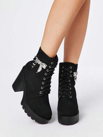 Kawaii Stivali da donna stile gotico con punta tonda, tacco chunky, impermeabili, platform, stile punk, in tessuto scamosciato, stivali neri con tacco alto, adatti per feste, uso quotidiano, per aumentare l'altezza e allungare le gambe, Ognissanti