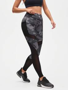 Eassivo Eassivo Women's High-Waisted Abstract Print Mesh Panel Sports Leggings, Black Camo Leggings, Mesh Legging With Phone Pocket, Leggings With Mesh Panels - Black - View 4