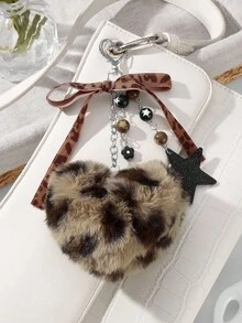 ROMWE Kawaii 1 件时尚复古个性化亚克力星花棕色仿皮草豹纹蝴蝶结心形 DIY 钥匙扣包饰，适合女性、日常佩戴、节日礼物
