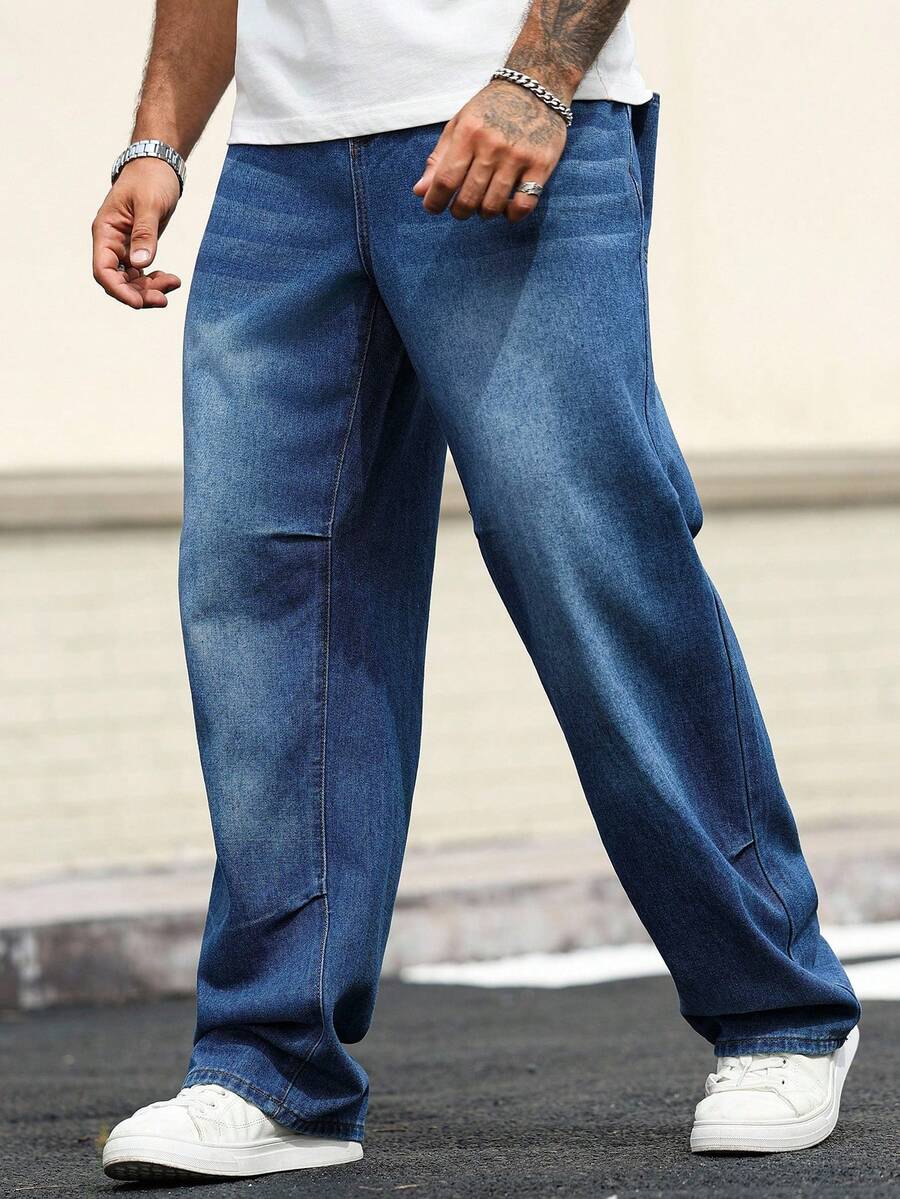 Manfinity Homme Plus Size Men's Loose Fit Pockets Wide Leg Casual Versatile Jeans - Blue - View 1
