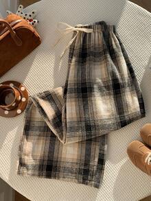 Comfortcana Christmas Winter Clothes Plaid Women's Casual Plaid Woven Drawstring Loose Pants Plaid Pants Checkered Pants Women Plaid Pants - Mocha Brown - View 5