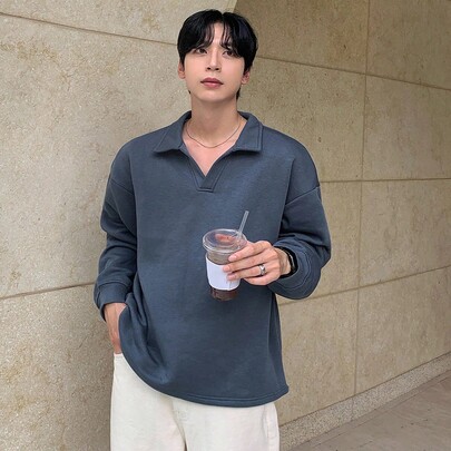 남성용 단색 보온 안감 폴로넥 풀오버 스웨트셔츠, 가을