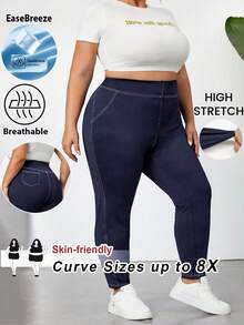 SHEIN CURVE+ Quần legging bó thun co giãn thường ngày cỡ lớn cho nữ có đường khâu lộ rõ, thoáng khí, thấm hút mồ hôi, mùa hè, Curve Plus, Hoho Vacation - Màu xanh hải quân - Xem 8