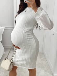 SHEIN Vestido elegante ajustado con cuello redondo, mangas abullonadas y patrón de cable retorcido para mujeres embarazadas en otoño