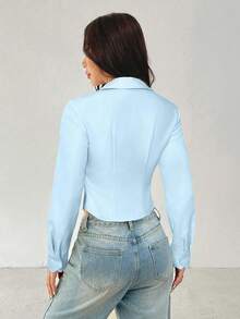SHEIN PETITE 基本款休闲长袖收腰衬衫 - 淺藍色 - 查看 2