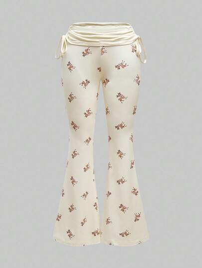 J-Fashion Cute Deer Embroidered Lace Blouse Paired With Deer All-Over Print Flare Pants