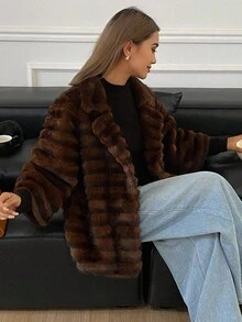 DAZY 厚绒毛领优质女士冬季外套夹克蓬松大衣 - 棕色 - 查看 7