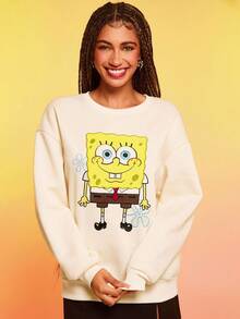 SpongeBob SquarePants | SHEIN 女士休闲卡通图案宽松落肩卫衣，秋季 - 杏色 - 查看 1