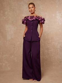 Lumalex 秋冬季聚会宴会低调奢华复古闪耀假日派对狂欢节郊游度假热门户外丰富层次婚礼季宴会成人礼一套露肩夸张欧根纱腰部修身宽松女式两件套奢华舞会证件照宰牲节派对新年 - 紫色 - 查看 4