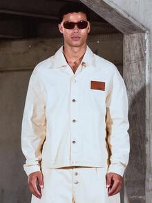 Musero Jaqueta Denim Oversized de Ajuste Quadrado com Botões, Detalhes em Painéis Sobrepostos, Conjunto Coordenado, Roupas de Outono/Primavera Verão - Damasco - Visão 1