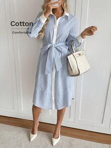 Easowa 女式条纹长袖单排扣系腰休闲中长衬衫裙 - 藍白色 - 查看 6