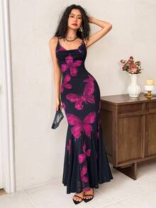 EastFlair 女士优雅派对花卉蝴蝶印花露背连衣裙 - 黑色 - 查看 4