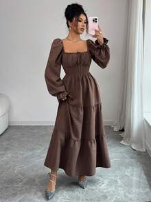 Rafferiza Almamuse 女士优雅休闲方领短款泡泡袖纯色长款吊带连衣裙，适合春秋季日常休闲、度假和婚礼，休闲可爱性感西式服装，完美适合乡村音乐会服装 - 咖啡棕 - 查看 6