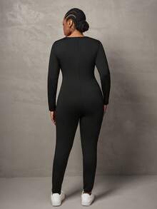 SHEIN Tall CURVE 大码优雅休闲纯色黑色长袖紧身连体裤，U 领 - 黑色 - 查看 2