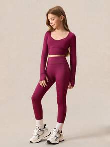 SHEIN 青少年女孩两件套红色服装，鱼骨长袖 T 恤和紧身裤，休闲时尚运动时尚校园风格长袖 T 恤和紧身裤套装，栗色 - 紫色 - 查看 1