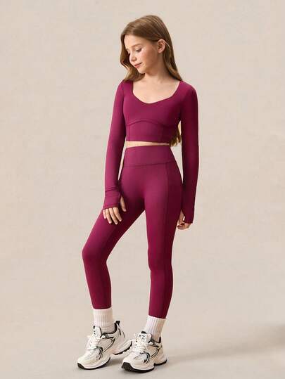 SHEIN 青少年女孩两件套红色服装，鱼骨长袖 T 恤和紧身裤，休闲时尚运动时尚校园风格长袖 T 恤和紧身裤套装，栗色