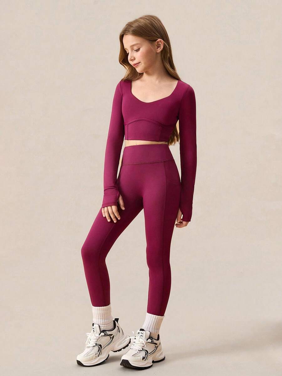 SHEIN 青少年女孩两件套红色服装，鱼骨长袖 T 恤和紧身裤，休闲时尚运动时尚校园风格长袖 T 恤和紧身裤套装，栗色 - 紫色 - 查看 1