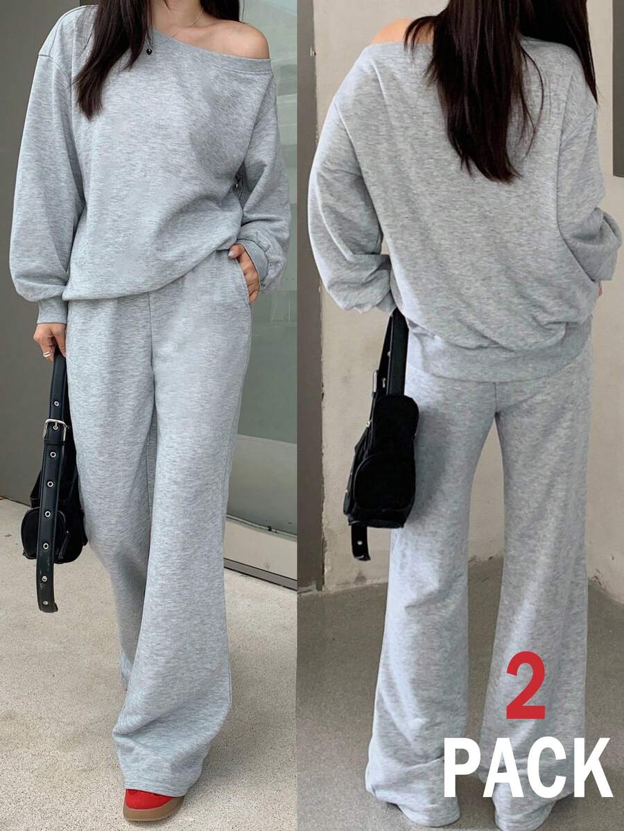 少女春冬基本款针织纯灰色宽松露肩不对称领口长袖运动衫和喇叭裤运动套装，两件套服装 - 灰色 - 查看 1