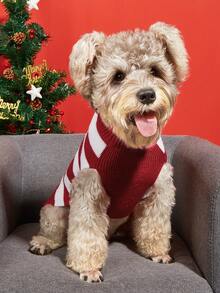 PETSIN 圣诞红白条纹鹿图案可爱温暖的宠物毛衣 - 紅白條 - 查看 3