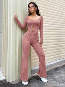 SHEIN Unity 女款純色極簡日常穿搭圓領長袖上衣與長褲兩件套 - 乾枯玫瑰色 - 查看 4
