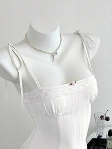 Elamini 春夏女士休闲格子系带腰带吊带背心 - 白色 - 查看 1