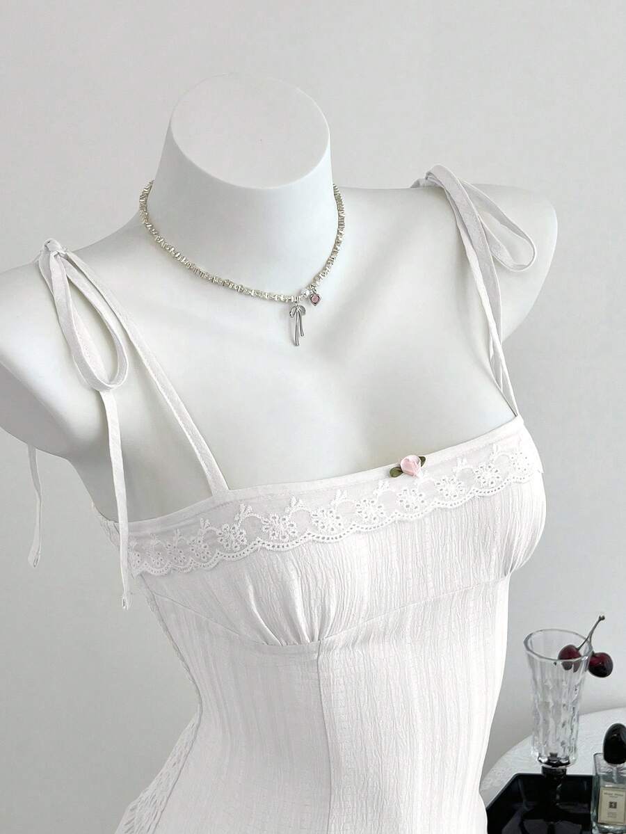 Elamini 春夏女士休闲格子系带腰带吊带背心 - 白色 - 查看 1