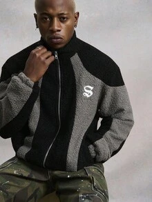 PAVTROS Manfinity Streetrush Men's Casual Street Style Contrast Color Teddy Fleece Zip-Up Jacket,Men's Contrast Color Teddy Fleece Zip-Up Jacket, Black And Gray Patchwork Embroidered Streetwear, Autumn And Winter Outerwear, INS Streetwear, Halloween Clothing, Men Clothes, Men Jacket&Coats, Unisex Style, Rapper Clothing, Boy Friend Gifts, Teddy Velvet, Fleece - Multicolor - View 7