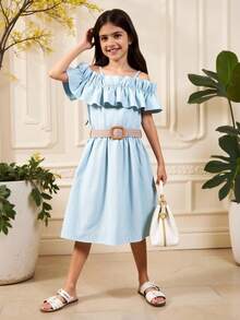 Vestido Con Cinturón Para Niñas Adolescentes Con Hombros Fríos, Con Detalle De Volantes - Azul - Ver 3
