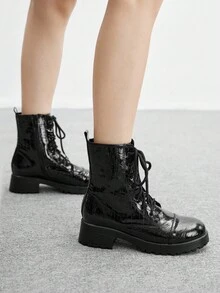 CUCCOO BIZCHIC 黑色圆头厚底纹理踝靴，系带，低跟女鞋 - 黑色 - 查看 5