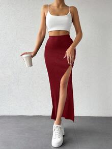 EURMUSE Falda tubo con detalle de abertura de unicolor para mujer - Burdeos - Ver 3