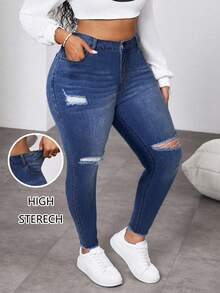 SHEIN ICON Jeans de talle alto, ajustados y desgastados de talla grande para mujer