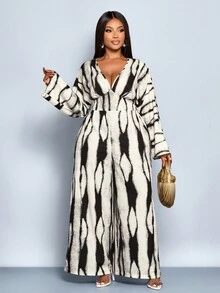 SOLERSUN Bộ đồ liền thân họa tiết sọc thanh lịch cổ chữ V sâu tay cánh dơi màu trắng in họa tiết cho nữ, bộ đồ liền thân ống rộng cạp cao, dáng rộng, thường ngày, bộ đồ liền thân xếp ly eo nhún, thắt eo và thắt eo, trang phục mua sắm hàng ngày phù hợp cho mọi dịp, Halloween - Đen và trắng - Xem 3