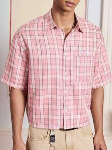 SWAVVY Men's Woven Plaid Casual Short Sleeve Shirt - Pink - View 5