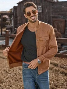 Manfinity Nomadique Men's Casual Commuter Solid Color Baseball Collar Jacket Men Brown Jacket Men Casual Jacket Brown Suede Jacket Men Cowboy Style Jacket, Fall Winter - Brown - View 7